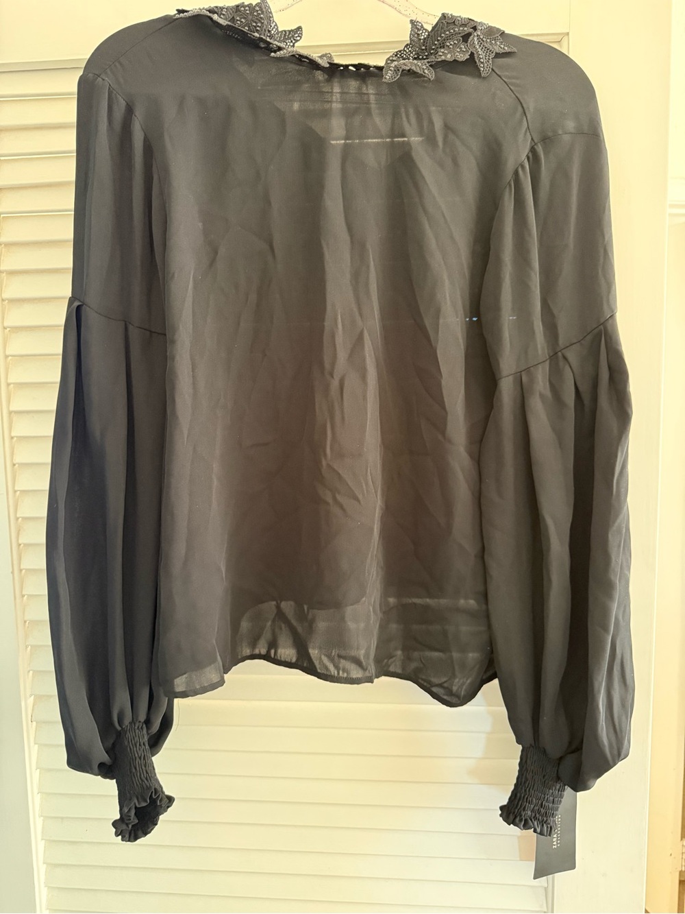 Black Long-Sleeve Sheer Blouse with Lace and Beaded Collar